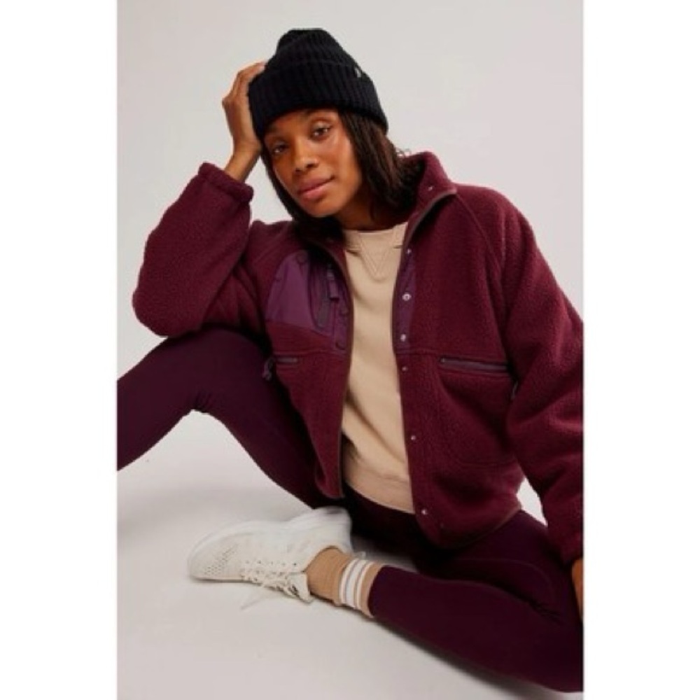 Free People FP Movement x Hatch Hit The Slopes Fleece Jacket Deep Maroon NWT